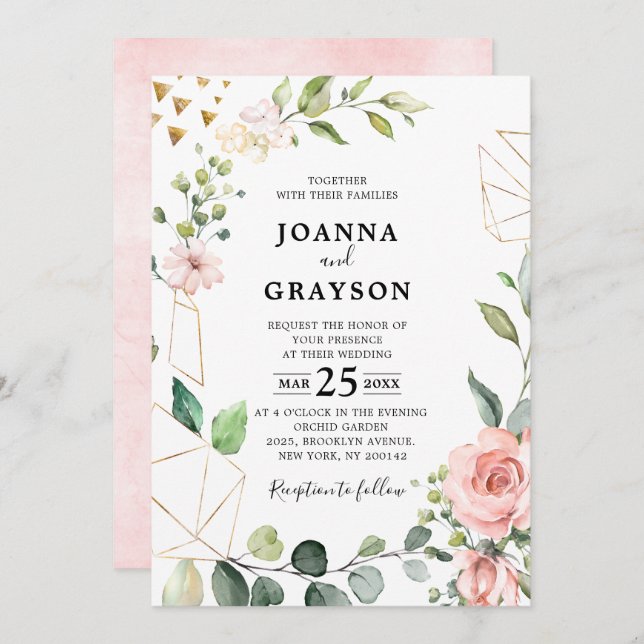 Invitation Pastel Pink Blush Rose Floral Mariage botanique (Devant / Derrière)