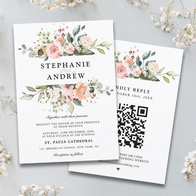 Invitation Pastel Pink Blush Rose Floral Mariage botanique (Pastel pink blush floral wedding invitation with RSVP on back)