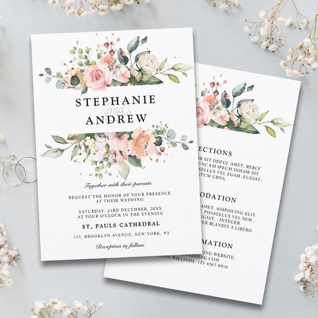 Invitation Pastel Pink Blush Rose Floral Mariage botanique (Pastel pink blush rose floral wedding invitation with details on back)