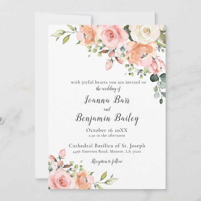 Invitation Pastel Pink Blush Rose Floral Mariage botanique (Devant)