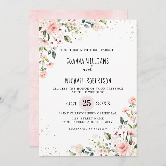 Invitation Pastel Pink Blush Rose Floral Mariage botanique (Devant / Derrière)