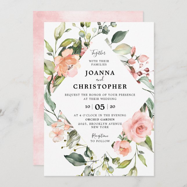 Invitation Pastel Pink Blush Rose Floral Mariage géométrique (Devant / Derrière)
