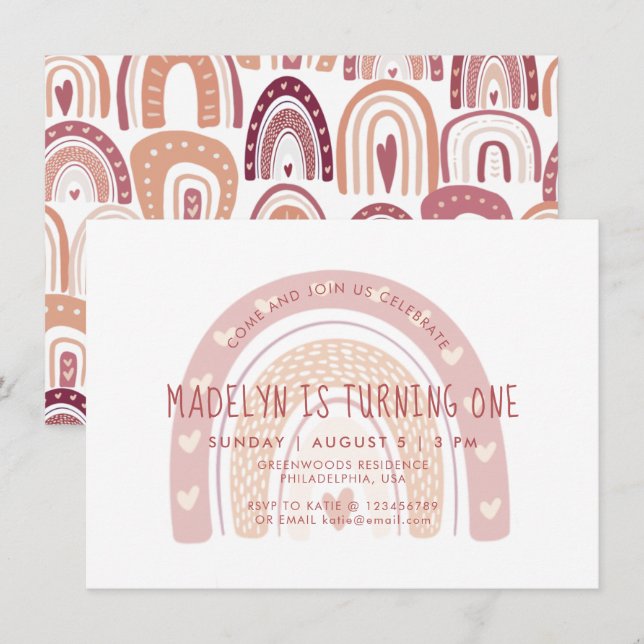 Invitation Pastel Pink Boho Arc-en-ciel Premier anniversaire (Devant / Derrière)
