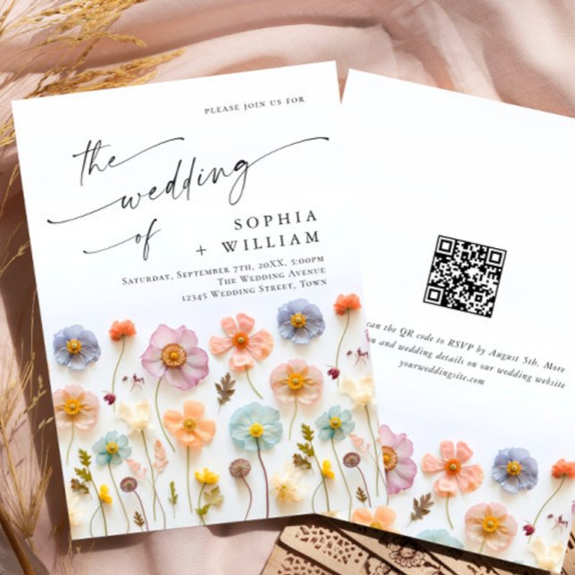 Invitation Pastel Pink Boho Fleur sauvage code QR Mariage (Créateur téléchargé)