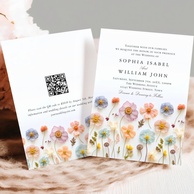 Invitation Pastel Pink Boho Fleur sauvage code QR Mariage (Créateur téléchargé)