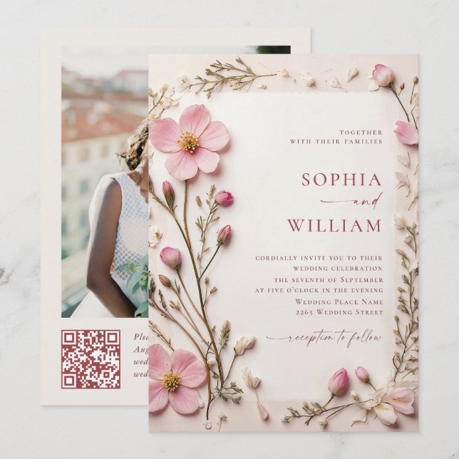 Invitation Pastel Pink Boho Fleur sauvage code QR Mariage Pho (Devant / Derrière)