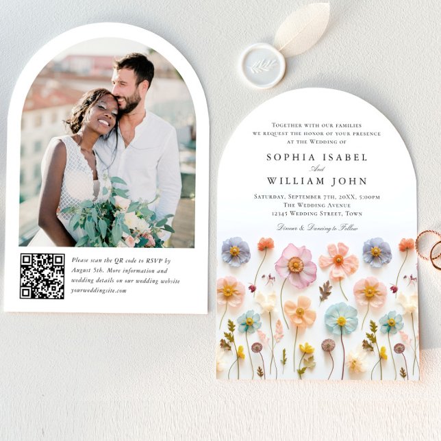 Invitation Pastel Pink Boho Fleur sauvage code QR Mariage Pho (Créateur téléchargé)