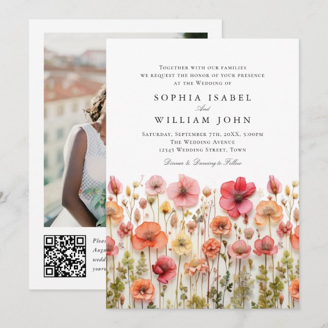 Invitation Pastel Pink Boho Fleur sauvage code QR Mariage Pho (Devant / Derrière)