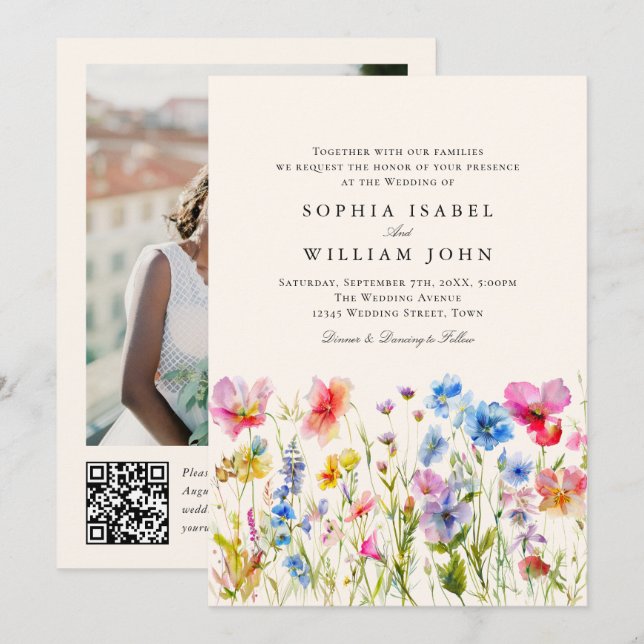 Invitation Pastel Pink Boho Fleur sauvage code QR Mariage Pho (Devant / Derrière)