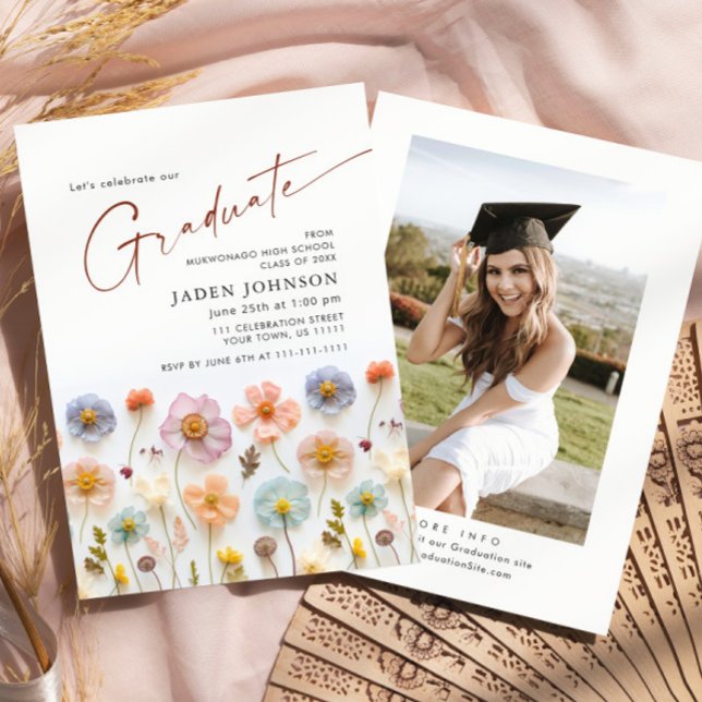 Invitation Pastel Pink Boho Fleur sauvage de la fête de gradu (Créateur téléchargé)