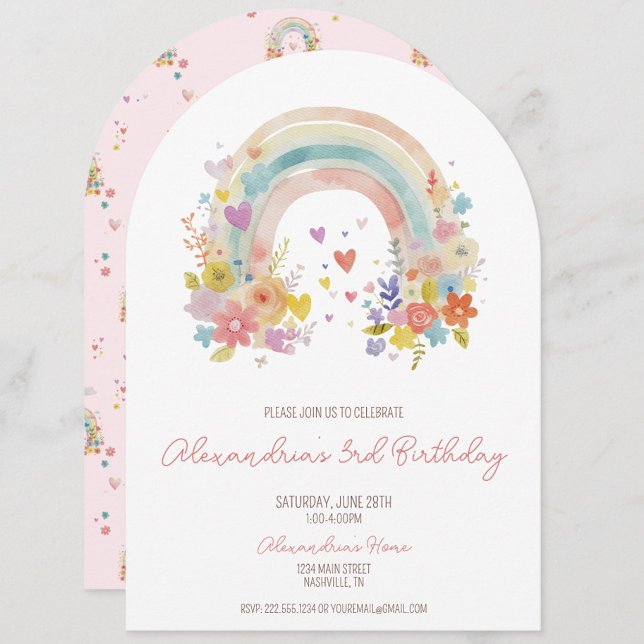 Invitation Pastel Pink Boho Rainbow Floral 3e anniversaire (Magical rainbow birthday invitation, boho pastel invite, whimsical 3rd birthday, kids party invite.)