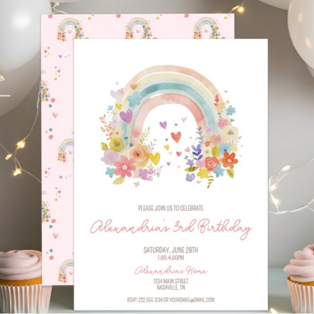 Invitation Pastel Pink Boho Rainbow Floral 3e anniversaire (Créateur téléchargé)
