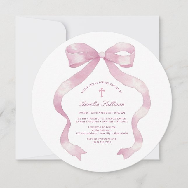 Invitation Pastel Pink Bow Baptisme (Devant)