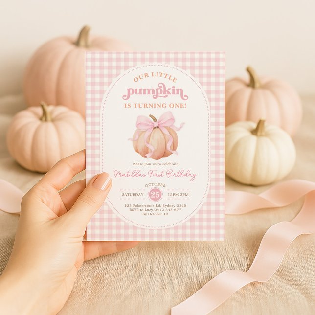 Invitation Pastel Pink Bow Citrouille Automne 1ère fête d'ann (Créateur téléchargé)