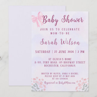 Invitation Pastel Pink Bow Floral Baby Shower