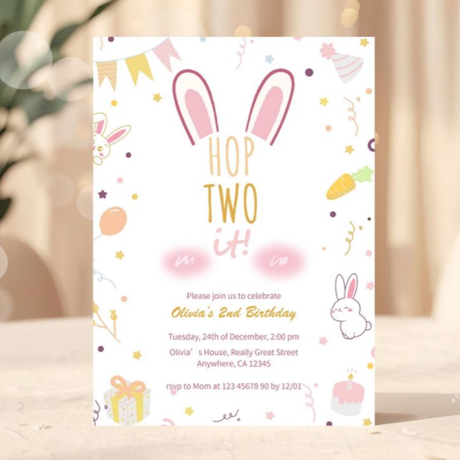 Invitation Pastel Pink Bunny 2e Birthday Hop Two It Invitatio (Hop Two It Editable Second Birthday Invitation Template, Girls 2nd Birthday Party, Pink Bunny Pastel)