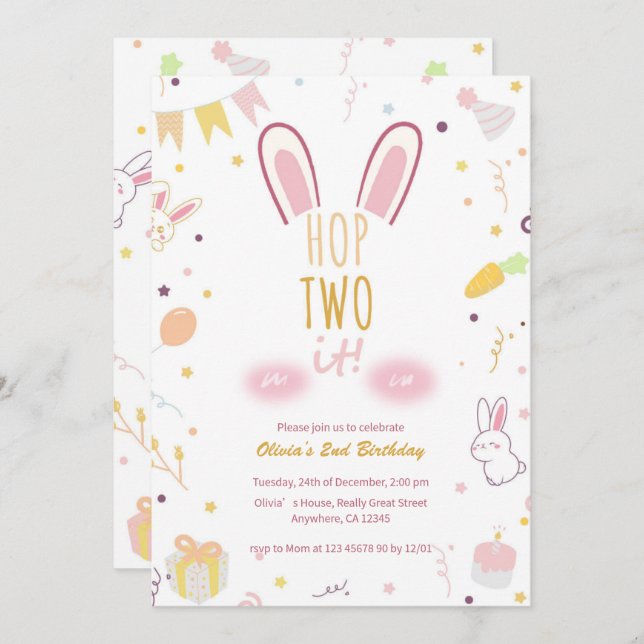 Invitation Pastel Pink Bunny 2e Birthday Hop Two It Invitatio (Devant / Derrière)