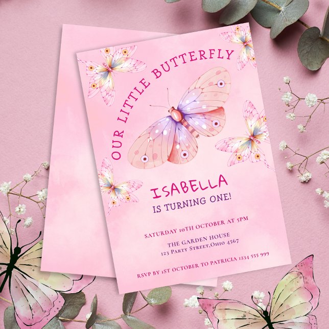 Invitation Pastel Pink Butterfly Theme Fille 1er anniversaire (Pastel Pink Butterfly Theme Girl's 1st Birthday Invitation
)