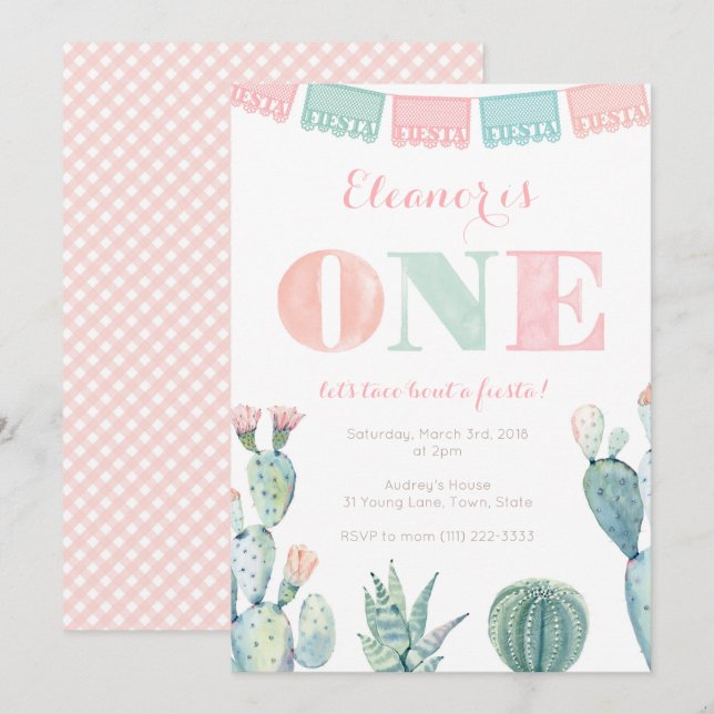 Invitation Pastel Pink Cactus 1er Anniversaire Fête (Devant / Derrière)