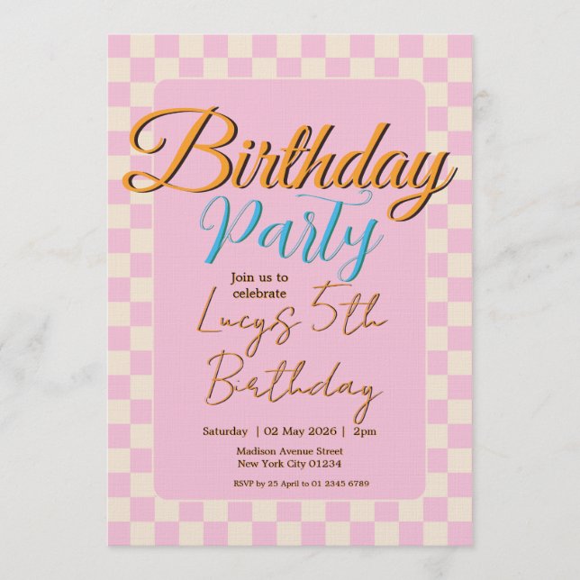 Invitation Pastel Pink Checkered Birthday Party (Devant)