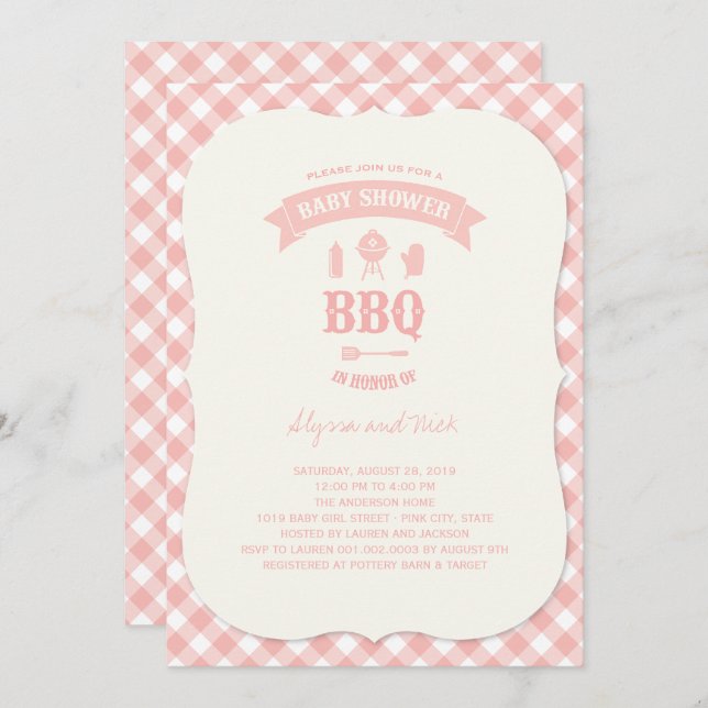 Invitation Pastel Pink Checks BBQ Chic Girl Baby shower Party (Devant / Derrière)