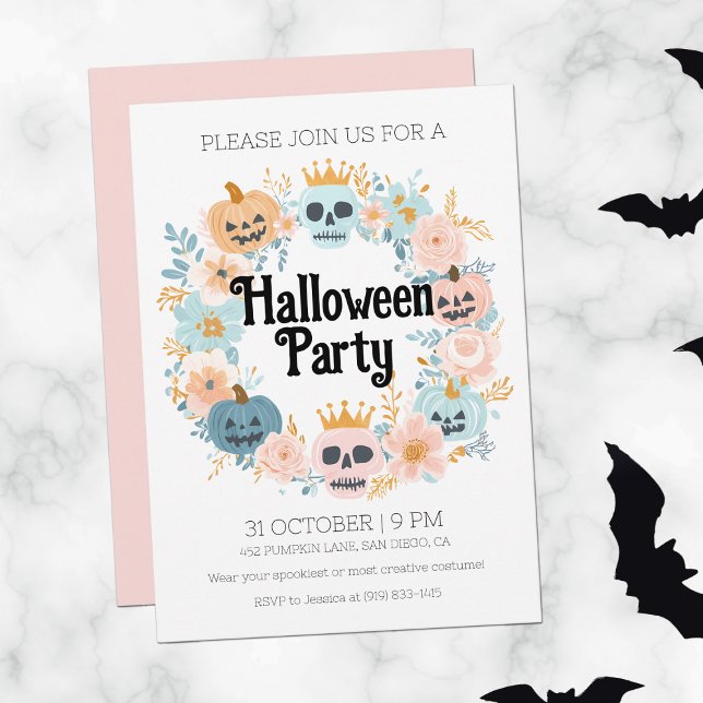 Invitation Pastel Pink Crâne Citrouille mignonne Halloween Pa (Pastel Pink Skull Pumpkin Cute Halloween Party Invitation)