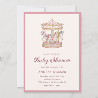 Invitation Pastel Pink Cute Carousel Girl Baby Shower