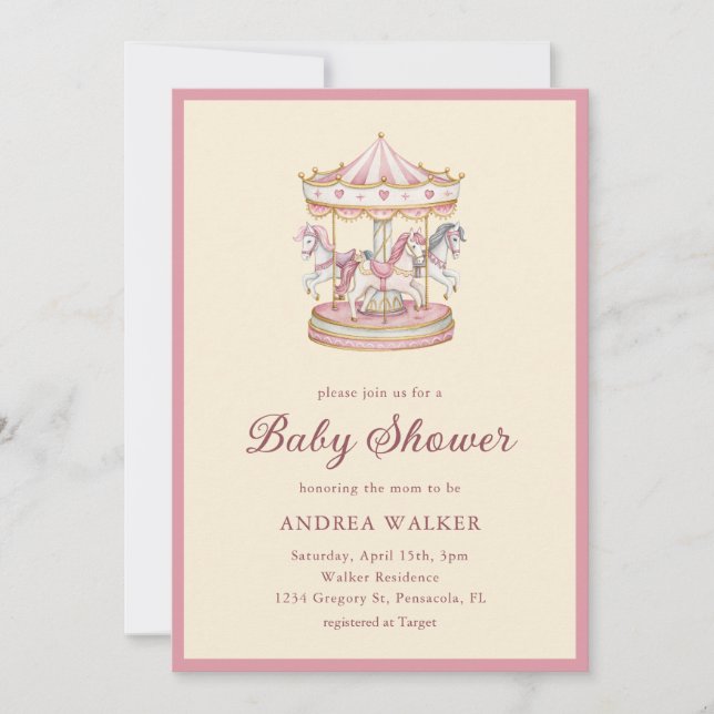 Invitation Pastel Pink Cute Carousel Girl Baby Shower (Devant)