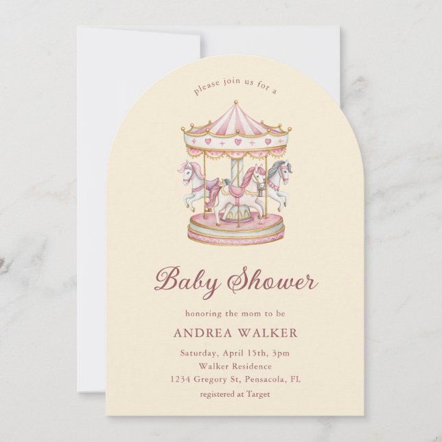 Invitation Pastel Pink Cute Carousel Girl Baby Shower Arch  (Devant)