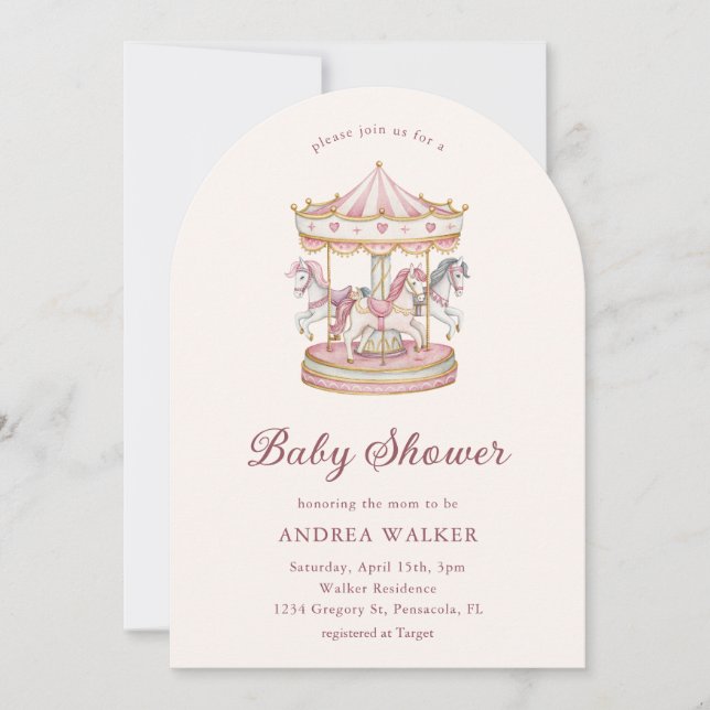 Invitation Pastel Pink Cute Carousel Girl Baby Shower Arch  (Devant)