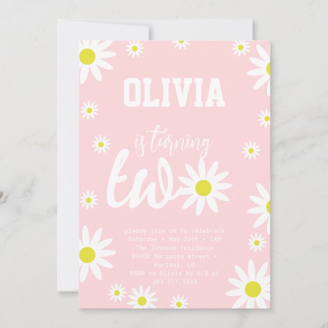 Invitation Pastel Pink Daisy 2e fête d'anniversaire Boho Blan (Devant)