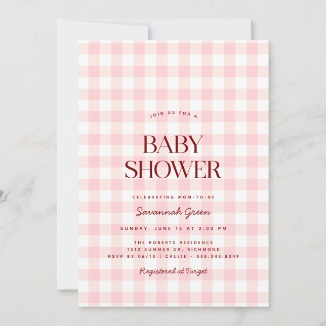 Invitation Pastel Pink En vichy | Baby shower de pique-nique (Devant)