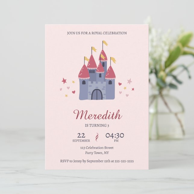 Invitation Pastel Pink Enchanted Castle Hearts & Stars Party (Debout devant)