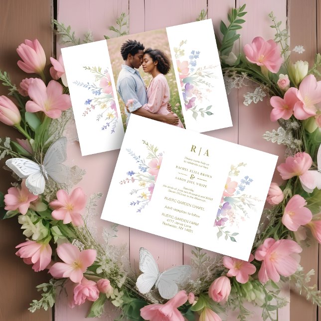 Invitation Pastel Pink Flowers Greenery Elegant Spring Photo (Pastel Pink Flowers & Greenery Elegant Spring Photo Wedding Invitations Cards. )