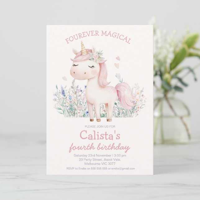 Invitation Pastel Pink Fourever Magical Unicorn Birthday (Debout devant)