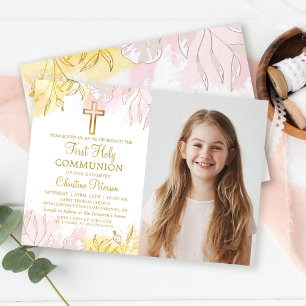 Invitation Pastel Pink Gold Floral First Holy Communion Photo