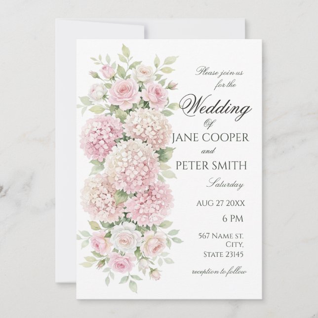 Invitation Pastel pink hydrangeas and roses Budget Wedding (Devant)
