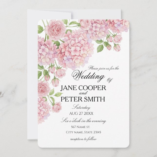 Invitation Pastel pink hydrangeas and roses Budget Wedding  I (Devant)