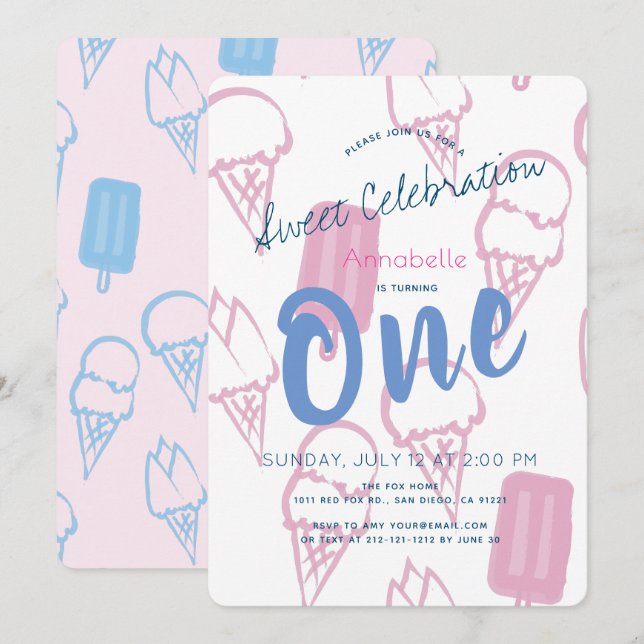 Invitation Pastel Pink Ice Cream Girl 1er anniversaire (Devant / Derrière)
