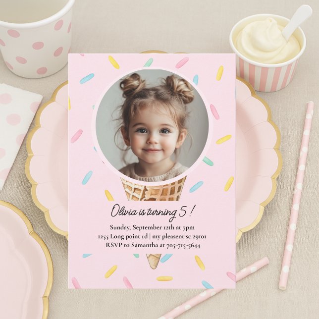 Invitation Pastel Pink Ice Cream Photo Birthday  (Créateur téléchargé)