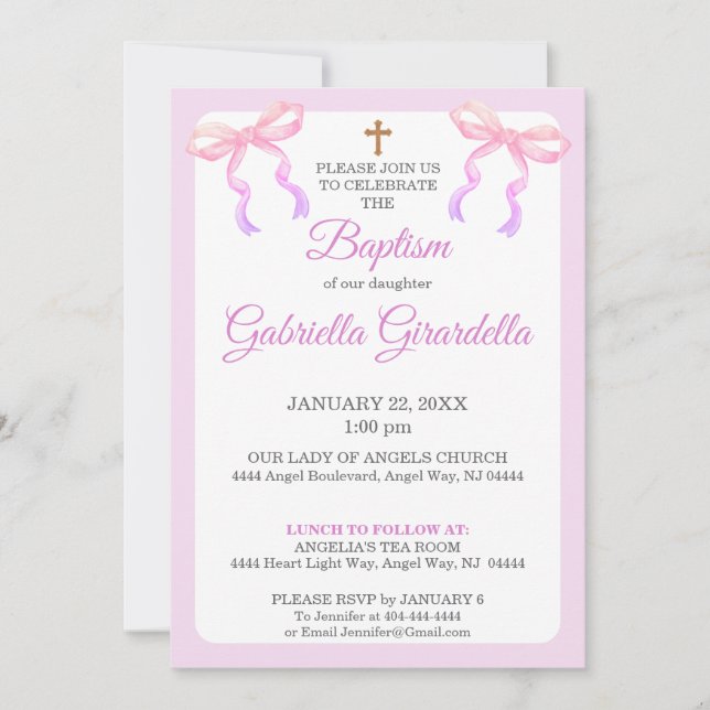 Invitation Pastel Pink & Lavender Ombre Bow Baptism (Devant)