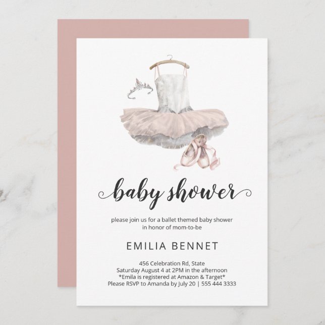 Invitation Pastel Pink Minimal Ballerina Ballet Baby shower (Devant / Derrière)