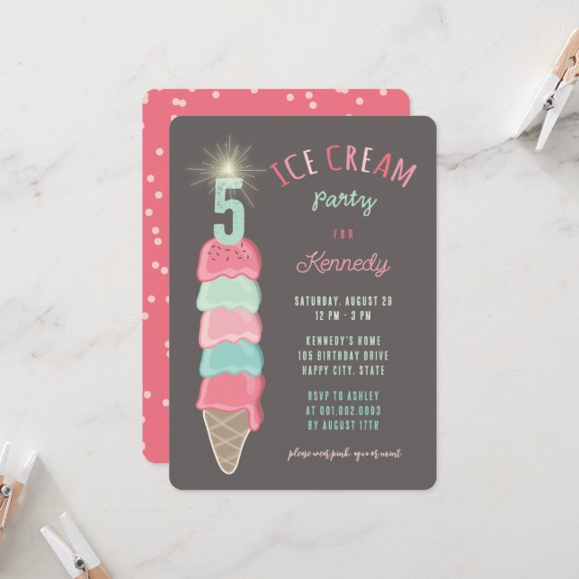 Invitation Pastel Pink Mint Ice Cream Girl 5th Birthday Party (Devant/Arrière en situation)