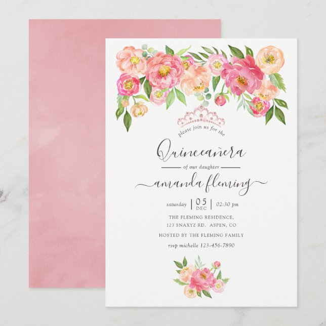 Invitation Pastel Pink Paeonies aquarelles Quinceañera (Devant / Derrière)
