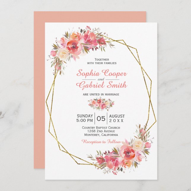 Invitation Pastel Pink Peach Rose Floral | Mariage Gold Frame (Devant / Derrière)