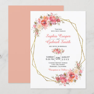 Invitation Pastel Pink Peach Rose Floral   Mariage Gold Frame