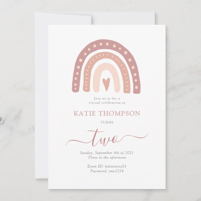 Invitation Pastel Pink Rainbow Boho virtuel deuxième annivers (Devant)