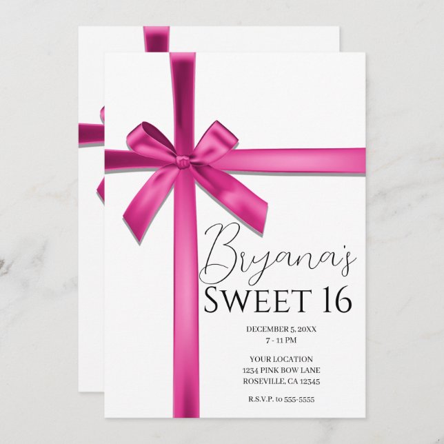Invitation Pastel Pink Satin Ribbon Bow Sweet 16 Party (Devant / Derrière)