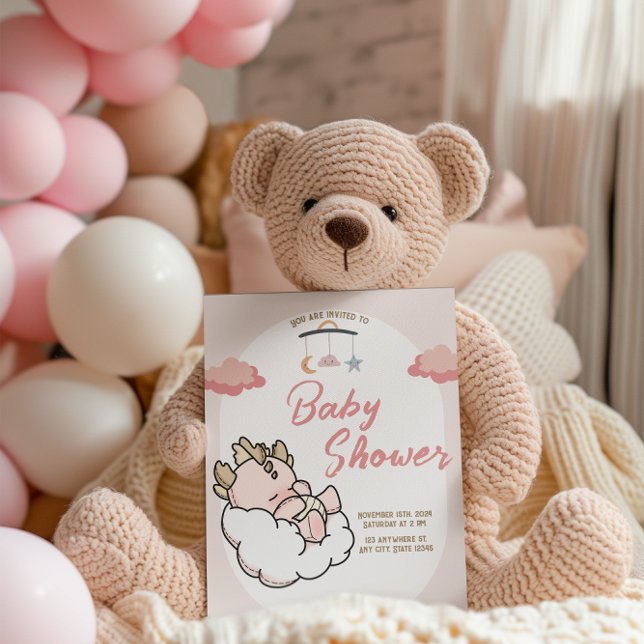 Invitation Pastel Pink Sleeping Nuage Bébé Dragon Anniversair (Créateur téléchargé)