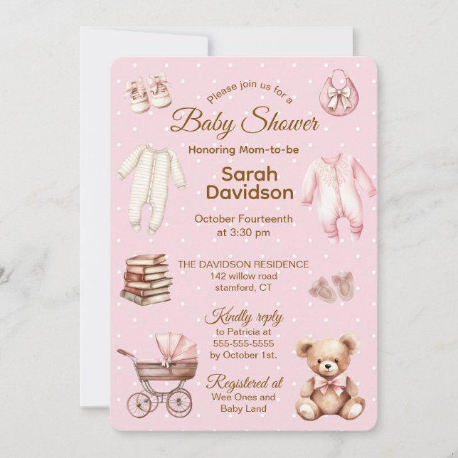 Invitation Pastel Pink Teddy Bear Clothes & Gifts-Baby Shower (Devant)
